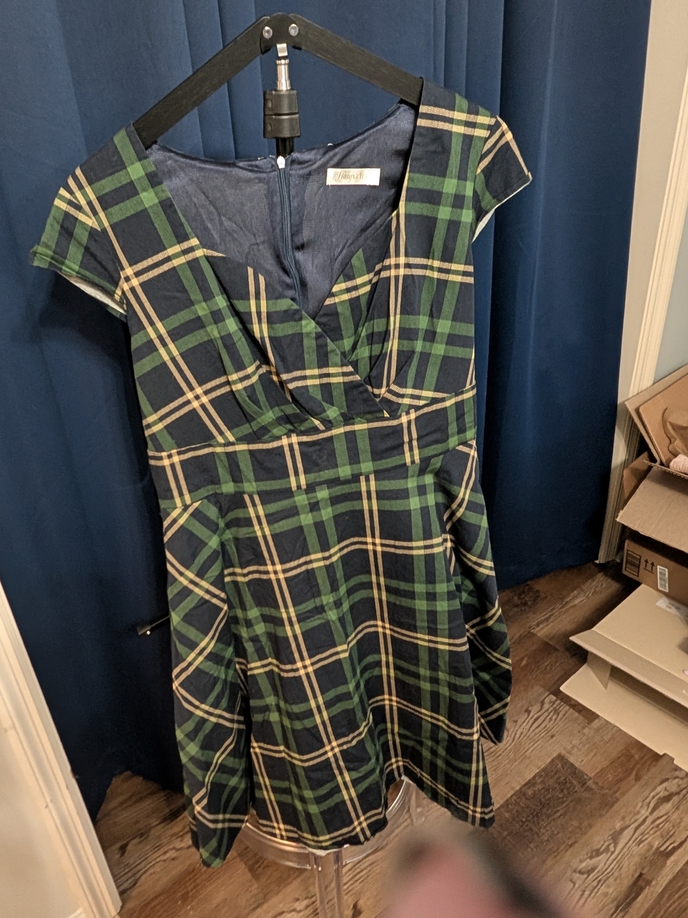 Women's Classic Plaid/Tartan Fit & Flare Swing Dress in Navy and Green